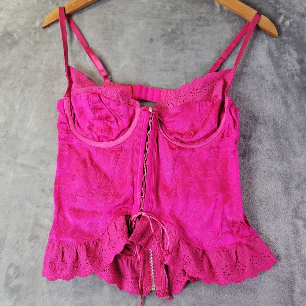 Sky to Moon Hot‎ Pink Jacquard Corset Peplum Top Eyelet Lace M Romantic Y2K